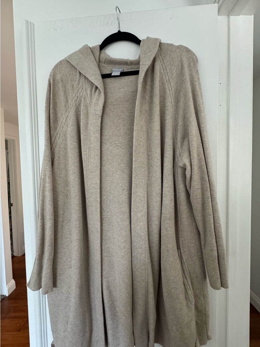 Chico's Beige Hooded Open-Front Cardigan